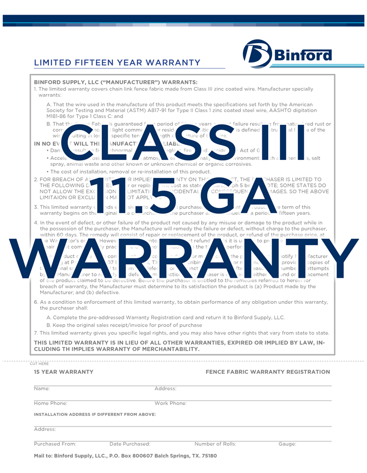 Class III 11.5 GA Warranty