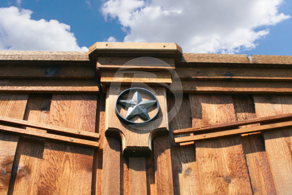 Cedar board on board fence with star decorative ornament fence accent