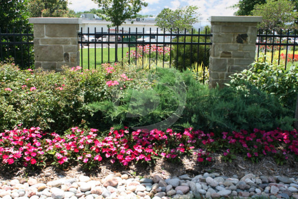 Black ornamental fencing with stone pillar posts