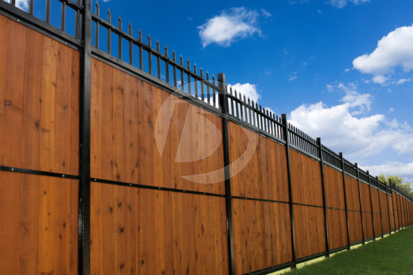 Wood fence with ornamental iron posts and cap with gothic top and access gate