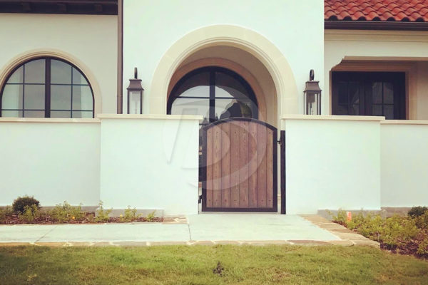 Ornamental and stained cedar wood front entry gate